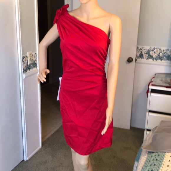 badgley mischka red one shoulder dress Badgley Mischka Ruffle One-Shoulder Asymmetric Hem Cocktail Dress in Red